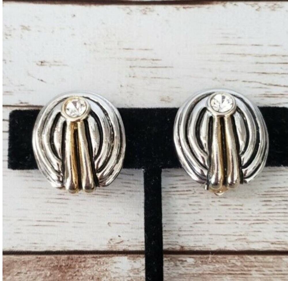 Vintage Clip On Earrings - Silver Tone & Gold Tone Oval with Clear Gem Statement